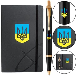 Набір: ручка кулькова Parker IM UKRAINE Black GT BP Тризуб синьо-жовтий + блокнот Parker + подарункова коробка