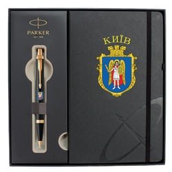 Набір: кулькова ручка Parker IM CITY Black GT BP Герб Києва + блокнот Parker + подарункова коробка