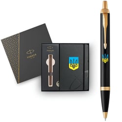 Набір: ручка кулькова Parker IM UKRAINE Black GT BP Тризуб синьо-жовтий + блокнот Parker + подарункова коробка