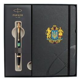 Набір: ручка кулькова Parker IM UKRAINE Black GT BP Великий Герб України + блокнот Parker + подарункова коробка