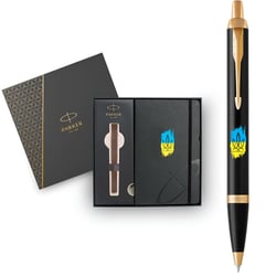 Набор: ручка шариковая Parker IM UKRAINE Black GT BP Трезубец фигурный на фоне флага + блокнот Parker + подарочная коробка